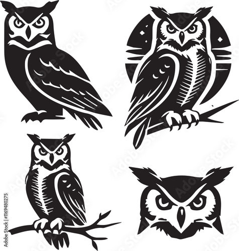 silhouette set of great horned owl sitting poses, sitting owl poses, black and white owl illustration,