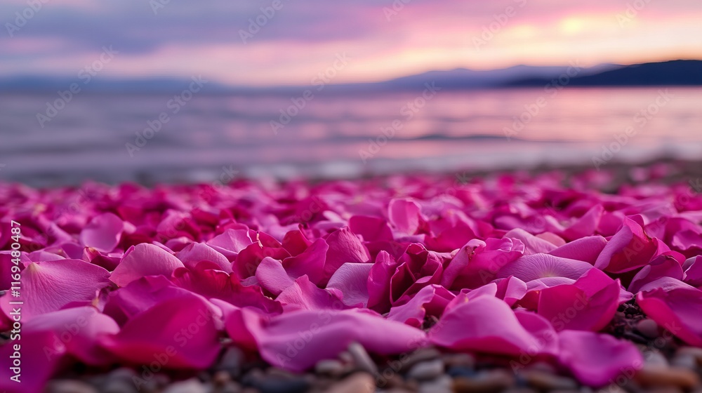 Pink rose petals scattered on a beach at sunset. Romantic and serene scene. Pink rose petals scattered on a beach at sunset. Romantic and serene scene.
