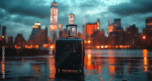City skyline at sunset with suitcase in foreground during rain