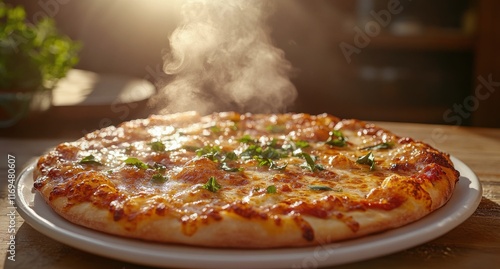 Freshly baked pizza with steaming toppings ready to be served at a bustling r...