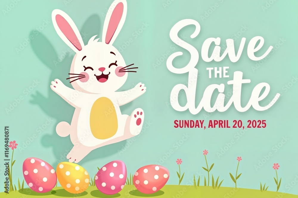 Cheerful bunny jumping over colorful eggs in spring meadow, Easter celebration. Greeting card or holiday poster for Happy Easter promotion Cheerful bunny jumping over colorful eggs in spring meadow, Easter celebration. Greeting card or holiday poster for Happy Easter promotion