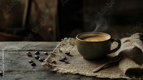 Cozy cup of coffee with steam rising on wooden table during a quiet morning