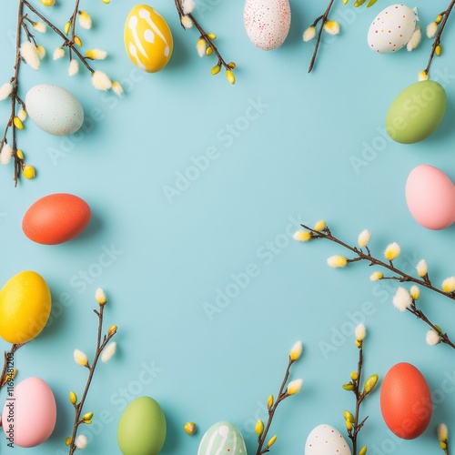 Colorful Easter eggs arranged with spring branches on a blue background