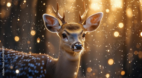 Majestic deer gazes into the distance during a golden sunset in a serene forest