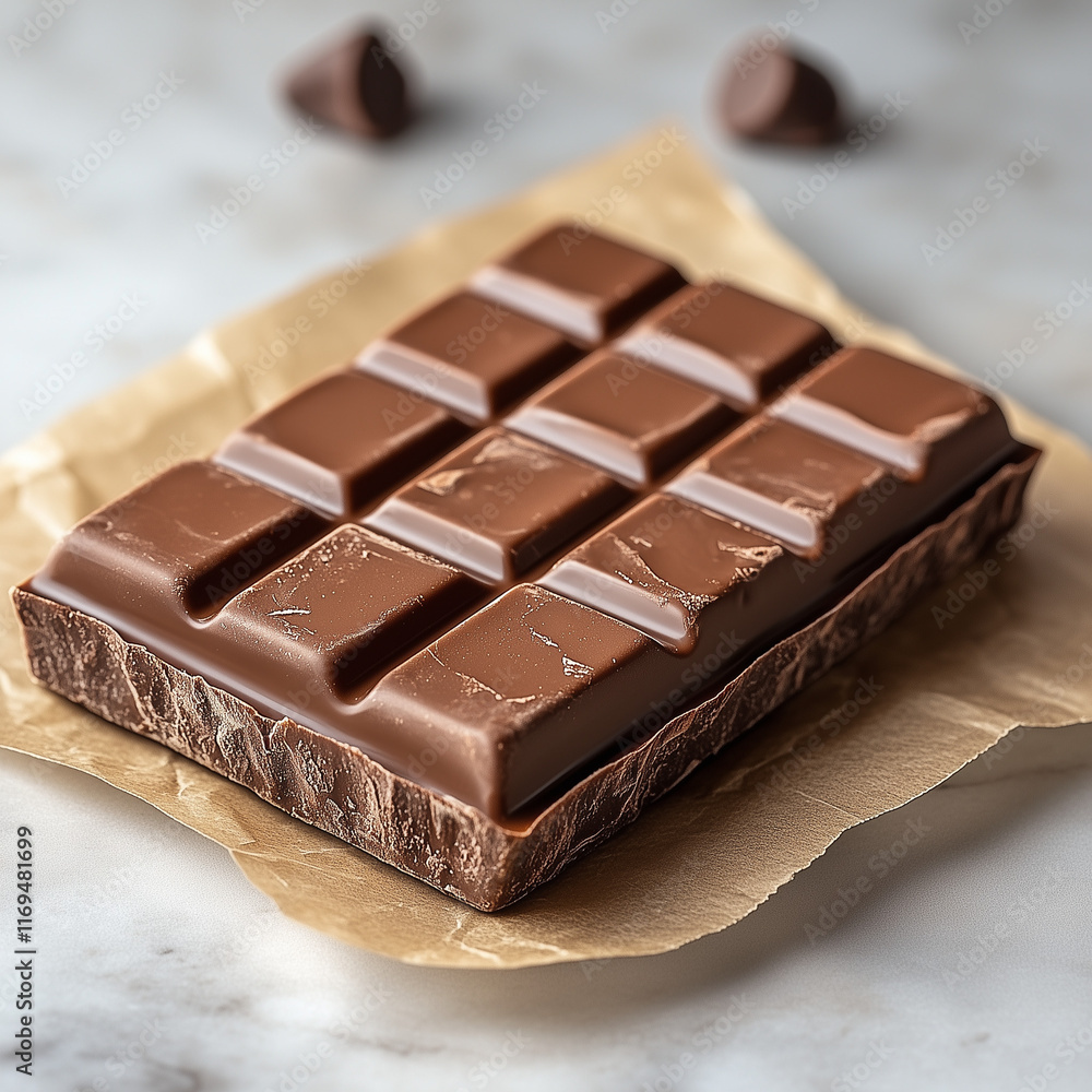 Chunky milk chocolate bar on parchment paper with smooth texture. Chunky milk chocolate bar on parchment paper with smooth texture.