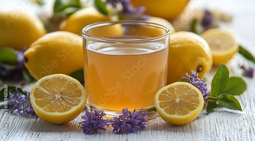Refreshing lemon juice served in a clear glass with fresh lemons and purple f...