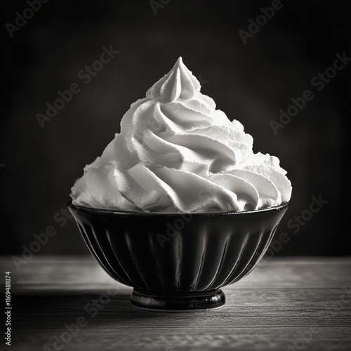 Whipped cream in a dark bowl with steam rising in a cozy atmosphere