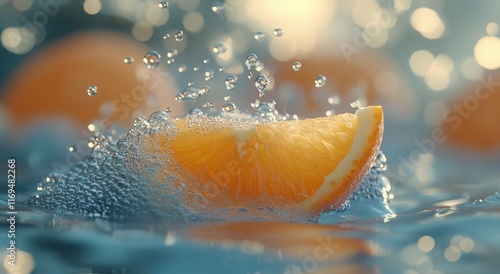 Sliced orange splashes in water creating bubbles and ripples reflecting sunli...