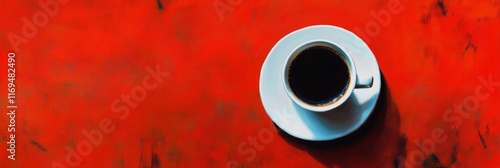 Freshly brewed coffee in a white cup on a vibrant red table