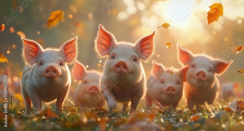 Group of playful piglets running through autumn leaves in a sunny farm field