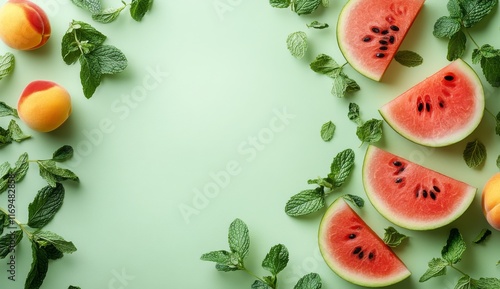 Fresh summer fruits arranged with mint leaves on a green background