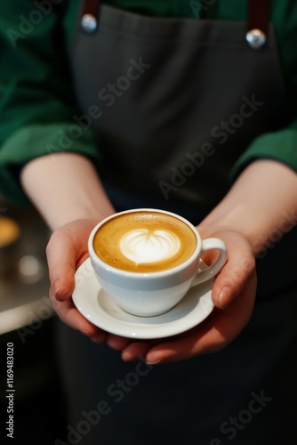 Barista serving a beautifully crafted cup of coffee with latte art on a white...
