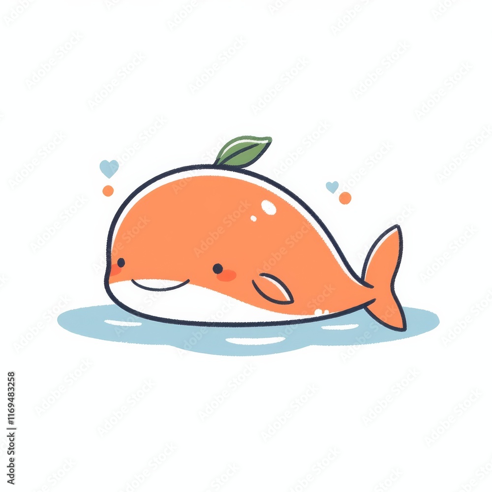 A cute cartoon whale with an orange hue and a leaf on its head, swimming in blue water surrounded by hearts. A cute cartoon whale with an orange hue and a leaf on its head, swimming in blue water surrounded by hearts.