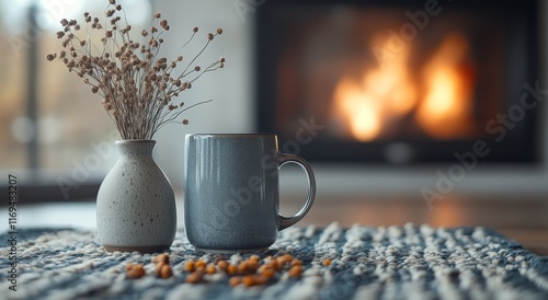 Cozy morning by the fireplace with a warm drink and decorative vase in a sunl...