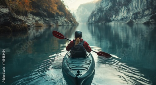Paddling through serene waters in a stunning canyon landscape at dawn