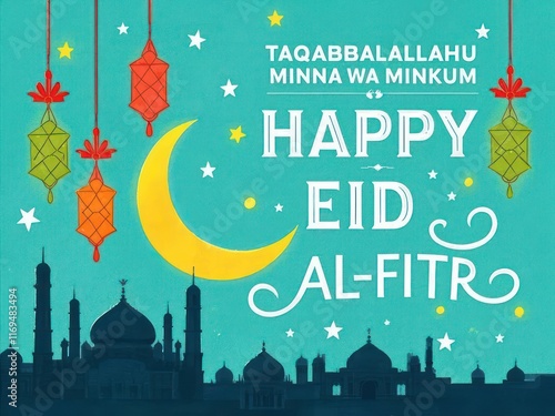 Celebratory Eid Al-Fitr Greeting Card with Crescent Moon and Lanterns