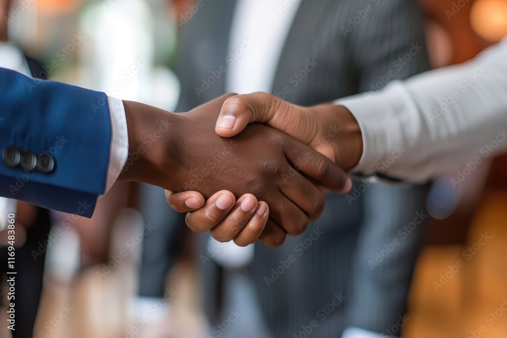 Business professionals engage in a handshake during a networking event at a modern venue in the city Business professionals engage in a handshake during a networking event at a modern venue in the city