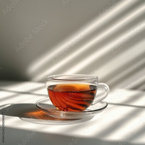 Warm cup of tea on a tranquil surface illuminated by soft sunlight in a cozy ...