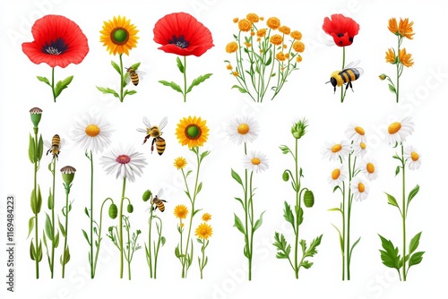Colorful wildflowers with poppies, daisies, and sunflowers are depicted alongside bees enjoying their nectar. This lively composition captures nature's beauty and the importance of pollinators