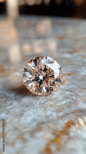 Beautiful diamond sparkling on a marble surface in soft natural light