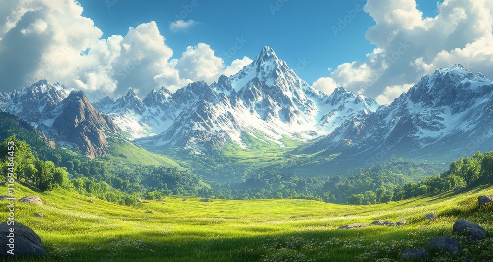 Obraz premium Bright mountain landscape filled with wildflowers under a blue sky