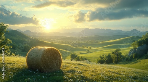 Vast landscape with rolled hay bales under a bright sky and lush rolling hills