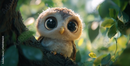 Cute owl chick perched on a branch in a lush green forest during daylight