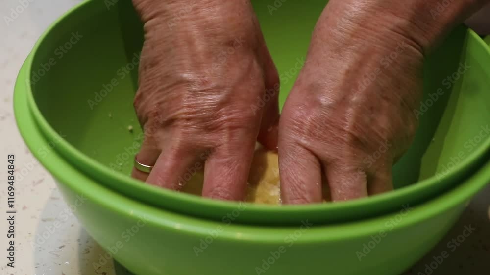 Two hands combine butter and sugar in a bright green bowl on a light speckled countertop, emphasizing the process of food preparation. Two hands combine butter and sugar in a bright green bowl on a light speckled countertop, emphasizing the process of food preparation.