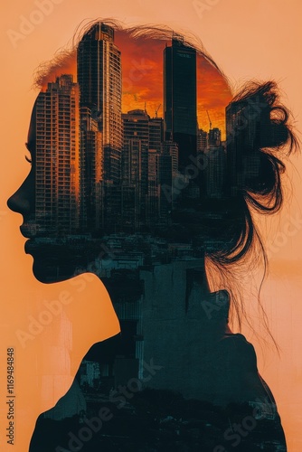 Silhouette of a woman with a vibrant cityscape at sunset blending into her pr...