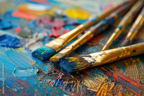 Vibrant brushes resting on a colorful palette filled with a variety of paint colors ready for artistic expression and creativity in a studio setting photo