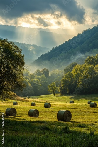 Serene early morning light illuminating a peaceful field with hay bales in a ...