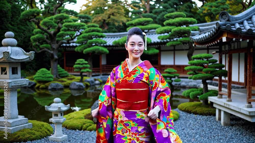 Traditional Japanese Woman in Kimono Amid Blooming Garden Traditional Japanese Woman in Kimono Amid Blooming Garden