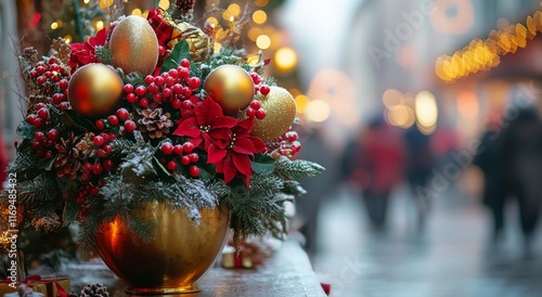 Holiday centerpiece with festive decorations and blurred street scene in back...