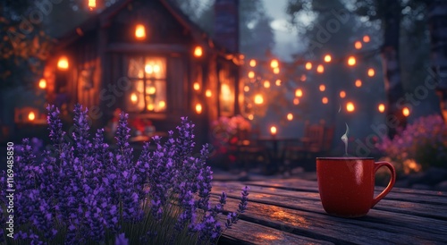 Evening gathering near a cozy cabin with lavender flowers and warm lights enh...
