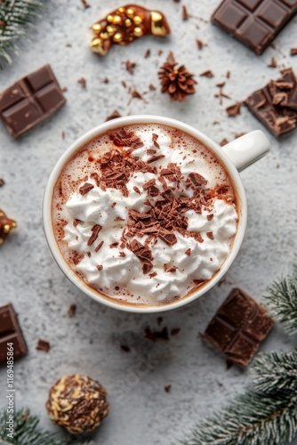 Warm mug of hot chocolate with marshmallows and spices on a cozy table setting