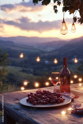 Relaxing evening with wine and grapes overlooking a picturesque landscape at ...