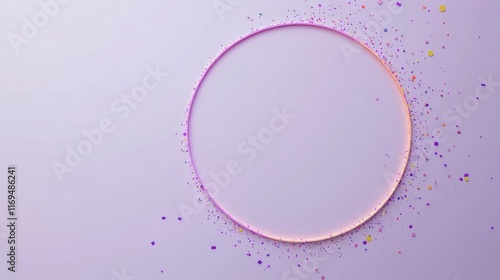 Colorful confetti and round cake with white icing on purple background for ce...
