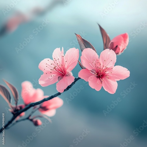 Cherry blossom branch with delicate pink flowers and closed buds against a so...