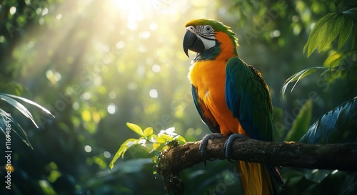 Vibrant parrot perched on a branch amidst lush greenery at sunset