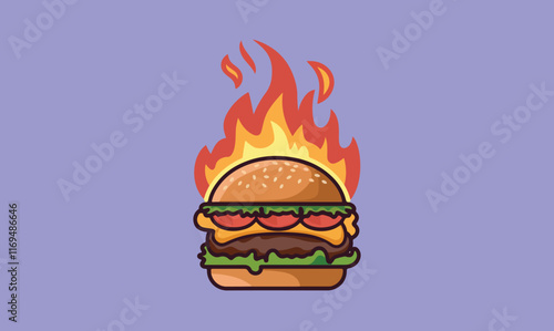 A cartoon picture of a crispy hot fried chicken burger on a purple background