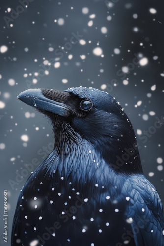 Raven perched in snowfall under dim light with detailed feathers and snowfall...