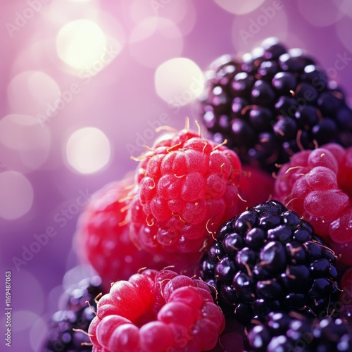 Juicy raspberries and blackberries close-up against a vibrant purple background