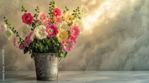 Wallpaper Mural A serene scene featuring a bouquet of mixed-colored hollyhocks in a tarnished metal bucket, placed on a marble countertop with soft, diffused lighting. Torontodigital.ca