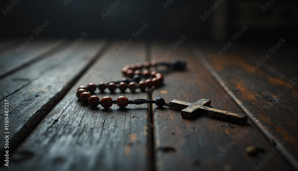 Elegant rosary beads with a wooden cross laid out on rustic wooden planks, embodying spirituality and reflection