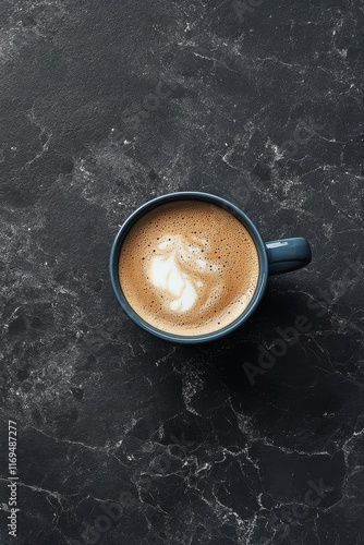 Warm cup of coffee on dark marble surface offering a cozy start to the day
