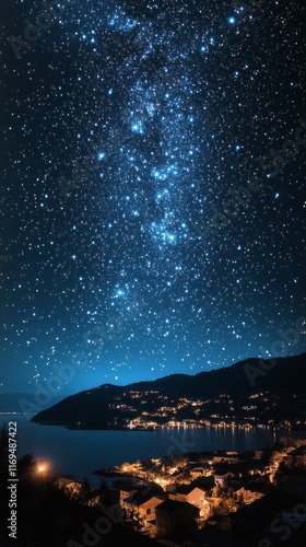Night sky full of stars over a peaceful coastal village by the water