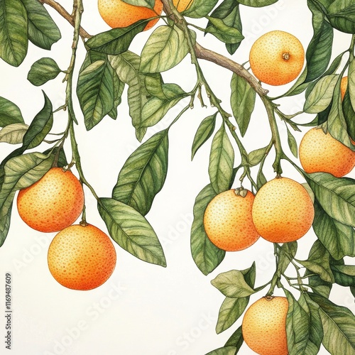 Bright oranges hanging from tree branches in vibrant botanical illustration