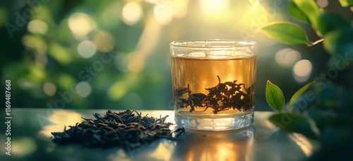 Refreshing glass of herbal tea surrounded by lush greenery and delicate flowe...