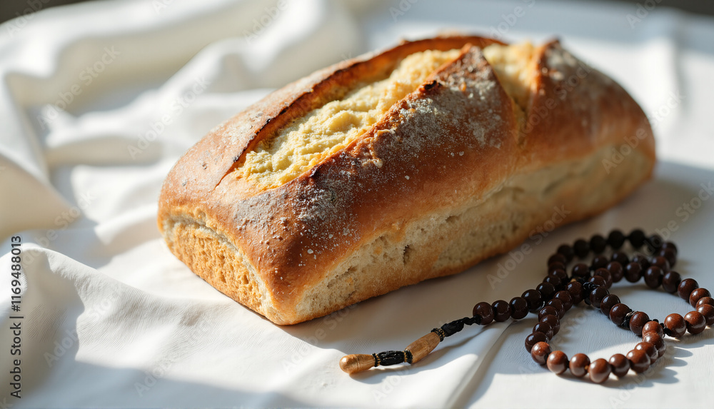 Freshly baked loaf of bread accompanied by a wooden rosary on a draped cloth, symbolizing sustenance and faith Freshly baked loaf of bread accompanied by a wooden rosary on a draped cloth, symbolizing sustenance and faith