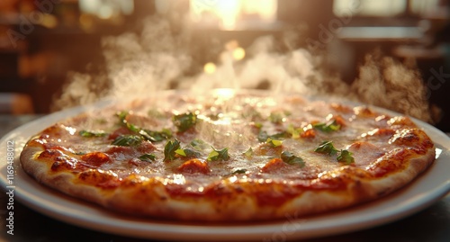 Freshly baked pizza with steaming toppings ready to be served at a bustling r...